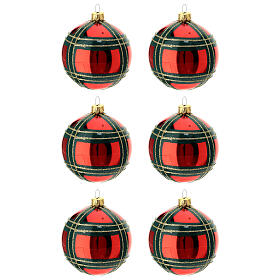 Set of 6 Christmas balls, red blown glass with green and gold lines, 80 mm