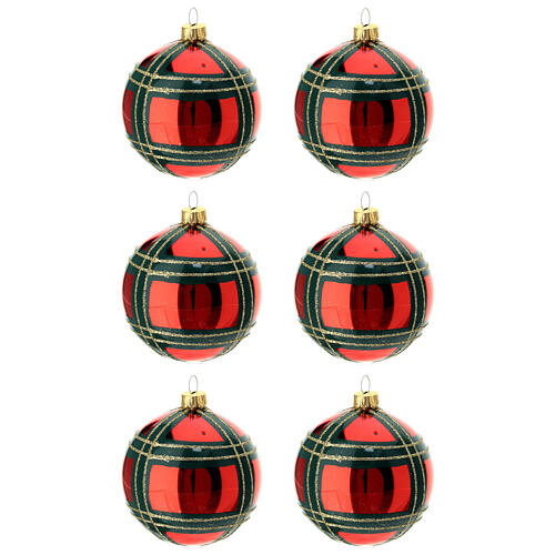 Set of 6 Christmas balls, red blown glass with green and gold lines, 80 mm 1