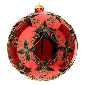 Glossy red Christmas ball with glittery leaves, blown glass, 150 mm