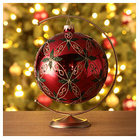 Glossy red Christmas ball with glittery leaves, blown glass, 150 mm