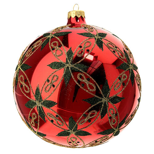 Glossy red Christmas ball with glittery leaves, blown glass, 150 mm 3