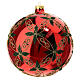 Palla albero Natale rosso lucido foglie glitter vetro soffiato 150mm s3