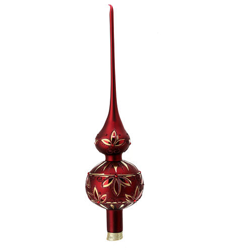 Christmas tree topper, burgundy blown glass with floral pattern, 35 cm 1