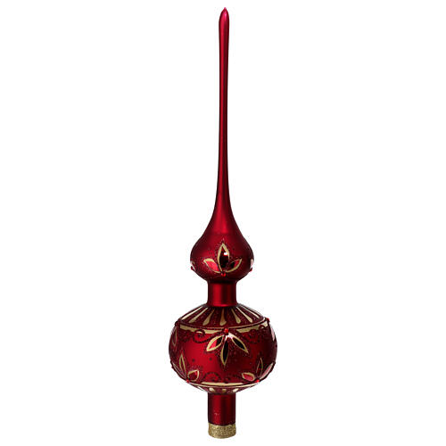 Puntale Natale rosso tema floreale vetro soffiato h.35cm 1