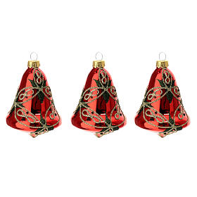 Set of 3 bell-shaped Christmas balls, red blown glass with glittery leaves, 90 mm