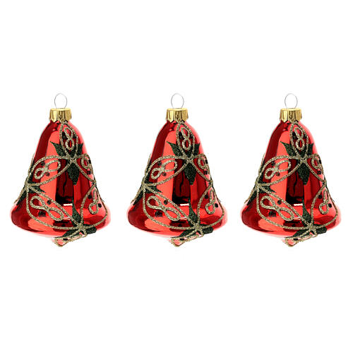 Set of 3 bell-shaped Christmas balls, red blown glass with glittery leaves, 90 mm 1
