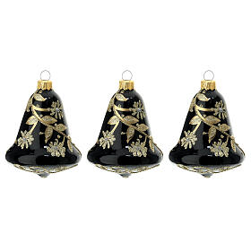 Set of 3 bell-shaped Christmas balls, black blown glass with golden flowers, 90 mm