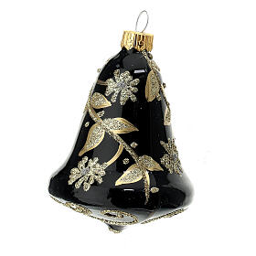 Set of 3 bell-shaped Christmas balls, black blown glass with golden flowers, 90 mm