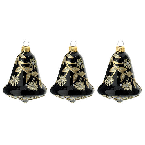 Set of 3 bell-shaped Christmas balls, black blown glass with golden flowers, 90 mm 1
