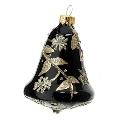 Set of 3 bell-shaped Christmas balls, black blown glass with golden flowers, 90 mm 2