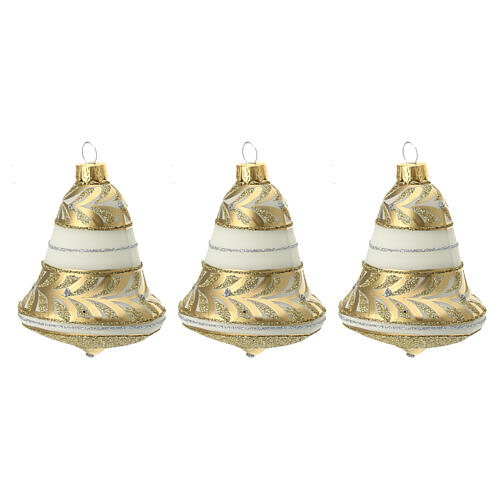Set of 3 bell-shaped Christmas balls, white blown glass with golden details, 90 mm 1