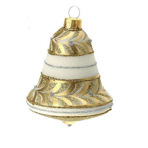Set of 3 bell-shaped Christmas balls, white blown glass with golden details, 90 mm 2