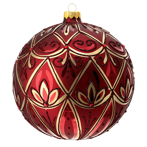 Christmas ball with floral and geometrical pattern, matte burgundy blown glass, 150 mm 3