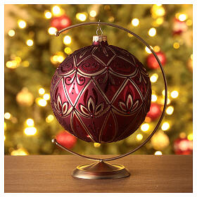 Boule sapin Noël verre soufflé rouge motif floral 150 mm