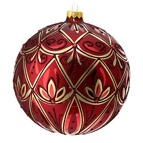 Bola vidro soprado árvore de Natal vermelha com decoração flora dourada e glitter 150 mm
