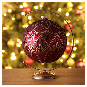 Bola vidro soprado árvore de Natal vermelha com decoração flora dourada e glitter 150 mm