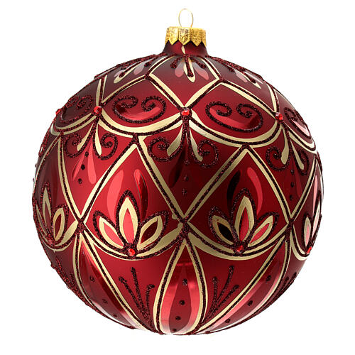Bola vidro soprado árvore de Natal vermelha com decoração flora dourada e glitter 150 mm 1