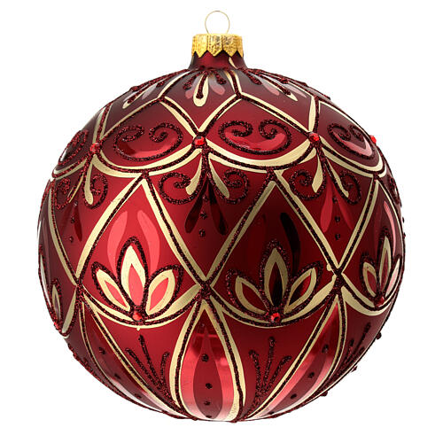 Bola vidro soprado árvore de Natal vermelha com decoração flora dourada e glitter 150 mm 3