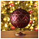 Bola vidro soprado árvore de Natal vermelha com decoração flora dourada e glitter 150 mm s2