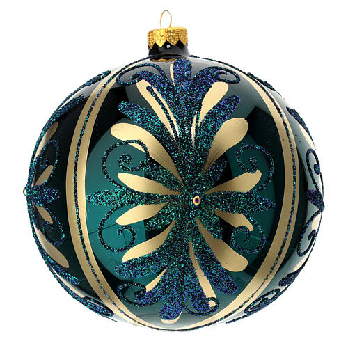 Christmas ball with flowers, glossy blue blown glass, 150 mm 1