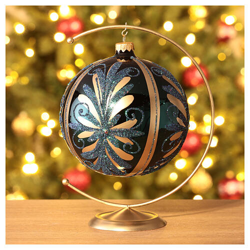 Bola vidro soprado árvore de Natal azul com decoração dourada e glitter 150 mm 2