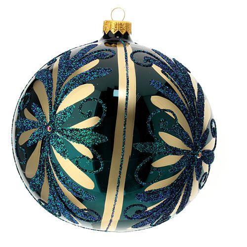Bola vidro soprado árvore de Natal azul com decoração dourada e glitter 150 mm 3