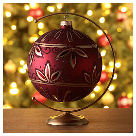 Boule sapin Noël verre soufflé rouge motif floral or paillettes 150 mm