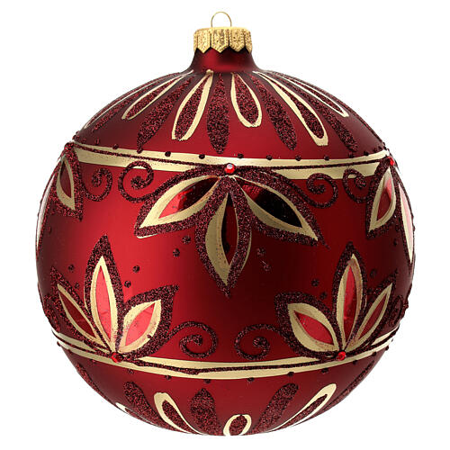 Boule sapin Noël verre soufflé rouge motif floral or paillettes 150 mm 1