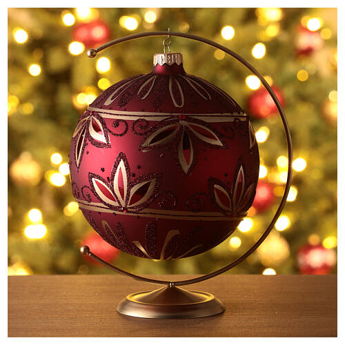 Boule sapin Noël verre soufflé rouge motif floral or paillettes 150 mm 2