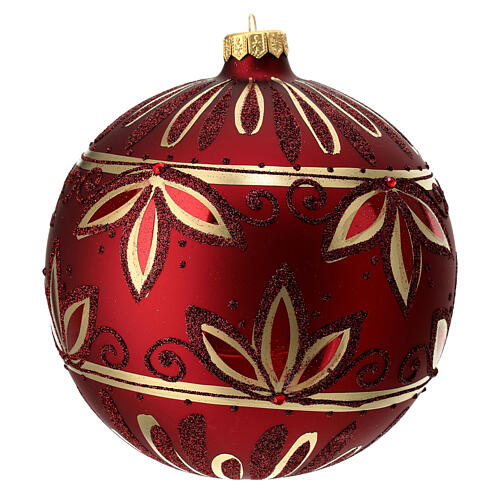 Boule sapin Noël verre soufflé rouge motif floral or paillettes 150 mm 3