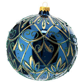 Glossy blue Christmas ball with flowers, blown glass, 150 mm