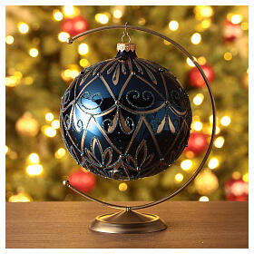 Glossy blue Christmas ball with flowers, blown glass, 150 mm