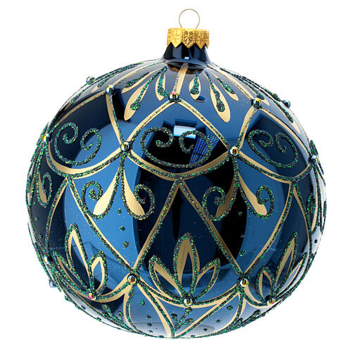 Glossy blue Christmas ball with flowers, blown glass, 150 mm 3