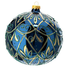 Boule sapin Noël verre soufflé bleu paon motif floral 150 mm