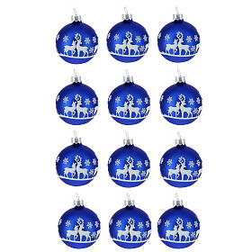Christmas balls with reindeers, set of 12, matte blue blown glass, 50 mm