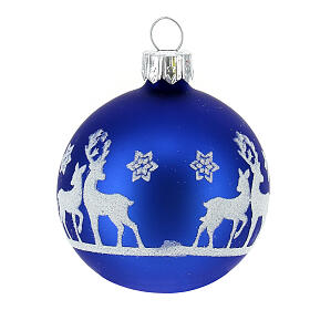 Christmas balls with reindeers, set of 12, matte blue blown glass, 50 mm