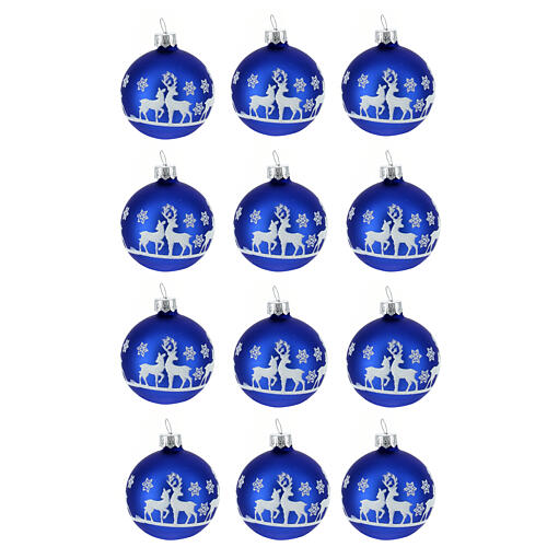 Christmas balls with reindeers, set of 12, matte blue blown glass, 50 mm 1