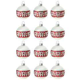 Christmas balls with penguins, set of 12, matte white and red blown glass, 60 mm