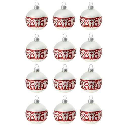 Christmas balls with penguins, set of 12, matte white and red blown glass, 60 mm 1