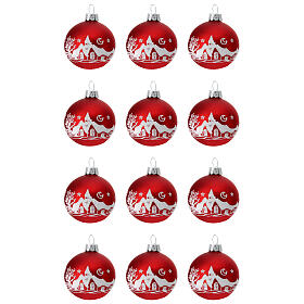 Christmas balls with snowy landscape, set of 12, red blown glass, 60 mm