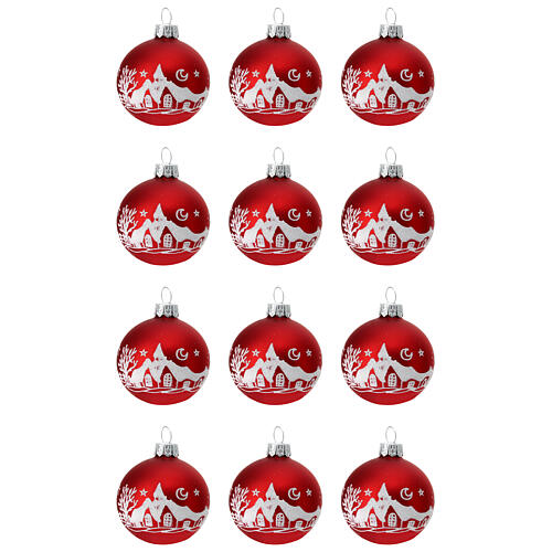 Christmas balls with snowy landscape, set of 12, red blown glass, 60 mm 1