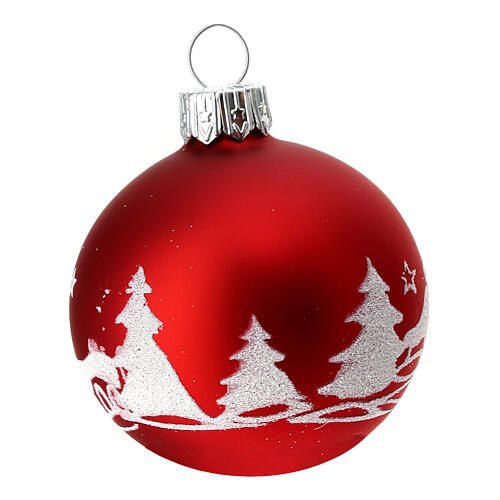 Christmas balls with snowy landscape, set of 12, red blown glass, 60 mm 2