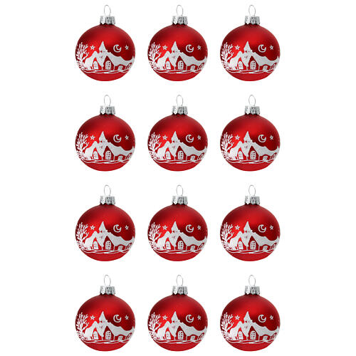 Set 12 boules de Noël paysage enneigé blanc verre soufflé rouge 60 mm 1