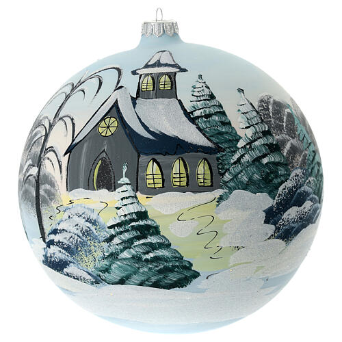 Christmas ball with church in a snowy landscape, light blue blown glass, 200 mm 1
