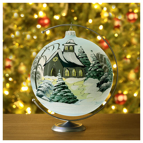 Christmas ball with church in a snowy landscape, light blue blown glass, 200 mm 3