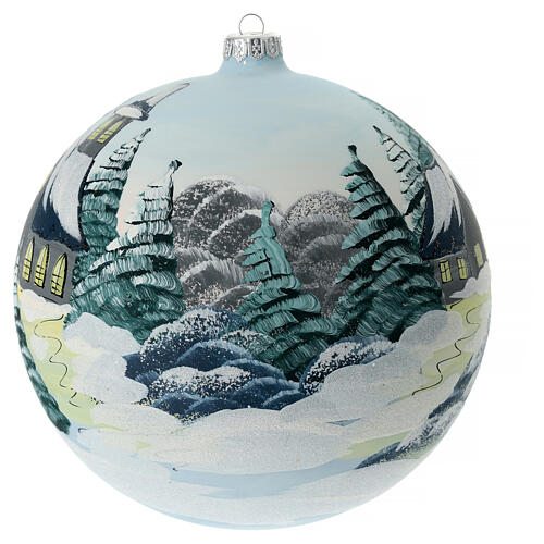 Christmas ball with church in a snowy landscape, light blue blown glass, 200 mm 5