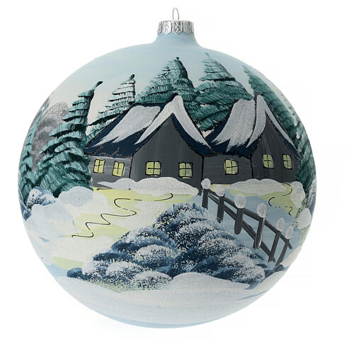 Christmas ball with church in a snowy landscape, light blue blown glass, 200 mm 8
