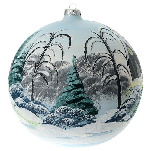 Christmas ball with church in a snowy landscape, light blue blown glass, 200 mm 10