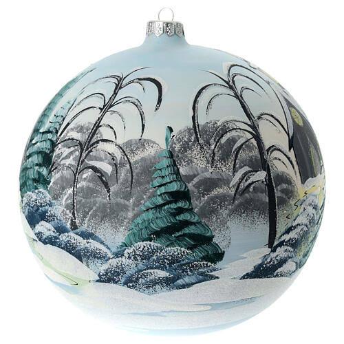 Christmas ball with church in a snowy landscape, light blue blown glass, 200 mm 4