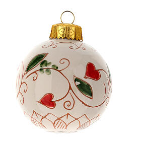 Christmas ball with red hearts, decorated Deruta terracotta, 60 mm